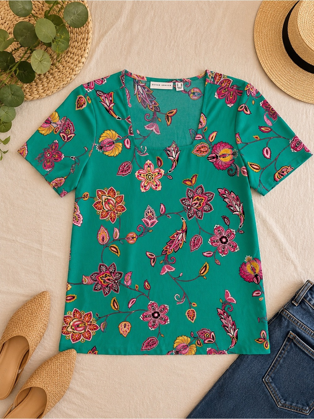🌸Susan Graver Liquid Knit Floral Print Short Sleeve Blouse Square Neck Sz Small🌸